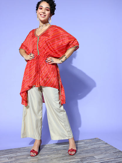 Rang Gali Bandhej Red Silk Kaftan Kurti