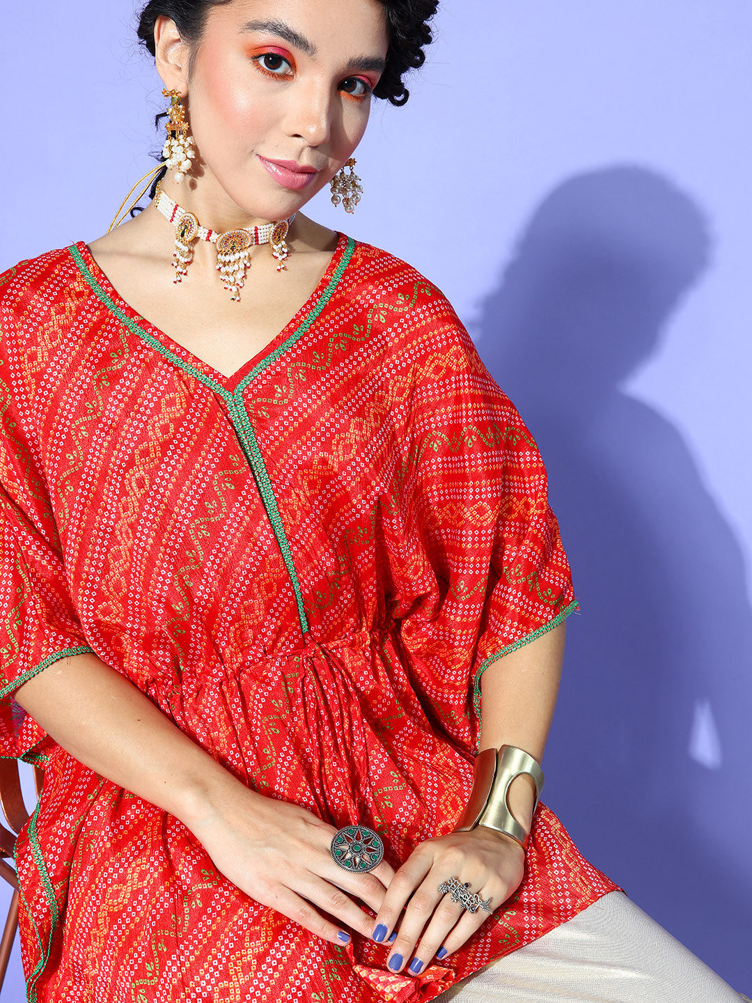 Rang Gali Bandhej Red Silk Kaftan Kurti