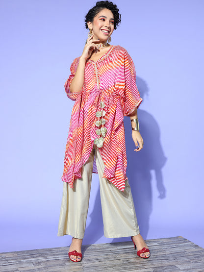 Rang Gali Pink Bandhej Silk Kaftan Kurti