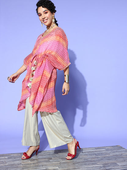 Rang Gali Pink Bandhej Silk Kaftan Kurti