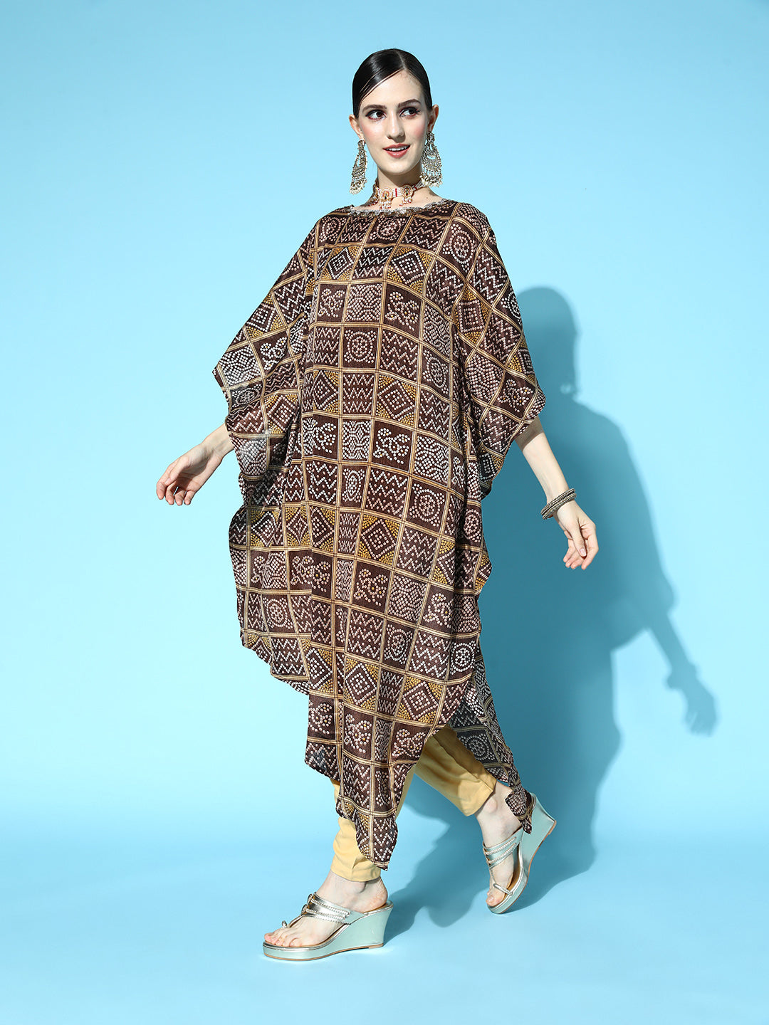 Rang Gali Bandhej Brown Kaftan Kurta With Dhoti Pants