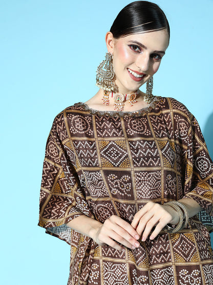 Rang Gali Bandhej Brown Kaftan Kurta With Dhoti Pants