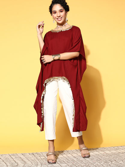 Rang Gali Asymmetric Ethnic Maroon Kaftan Top