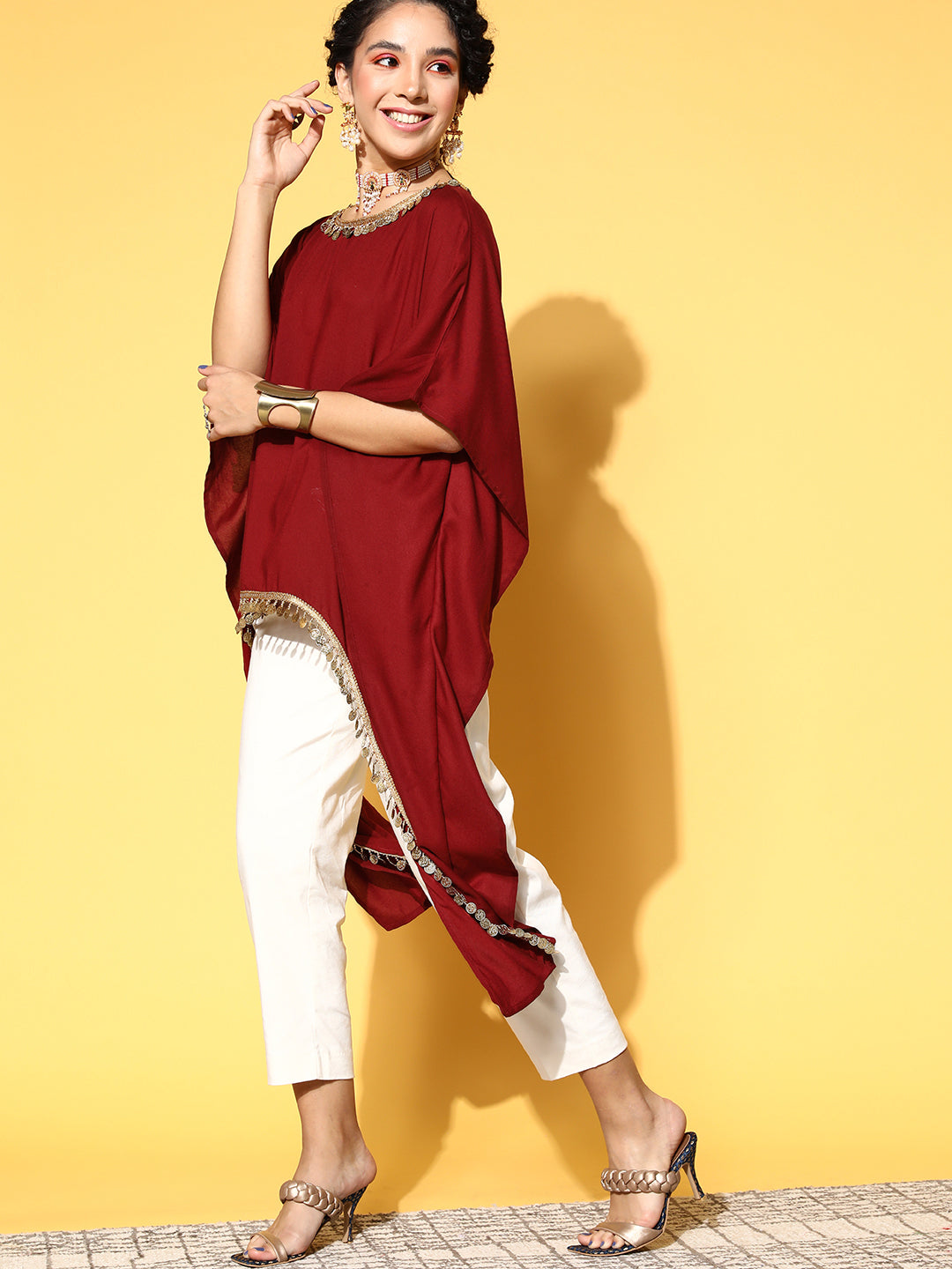 Rang Gali Asymmetric Ethnic Maroon Kaftan Top