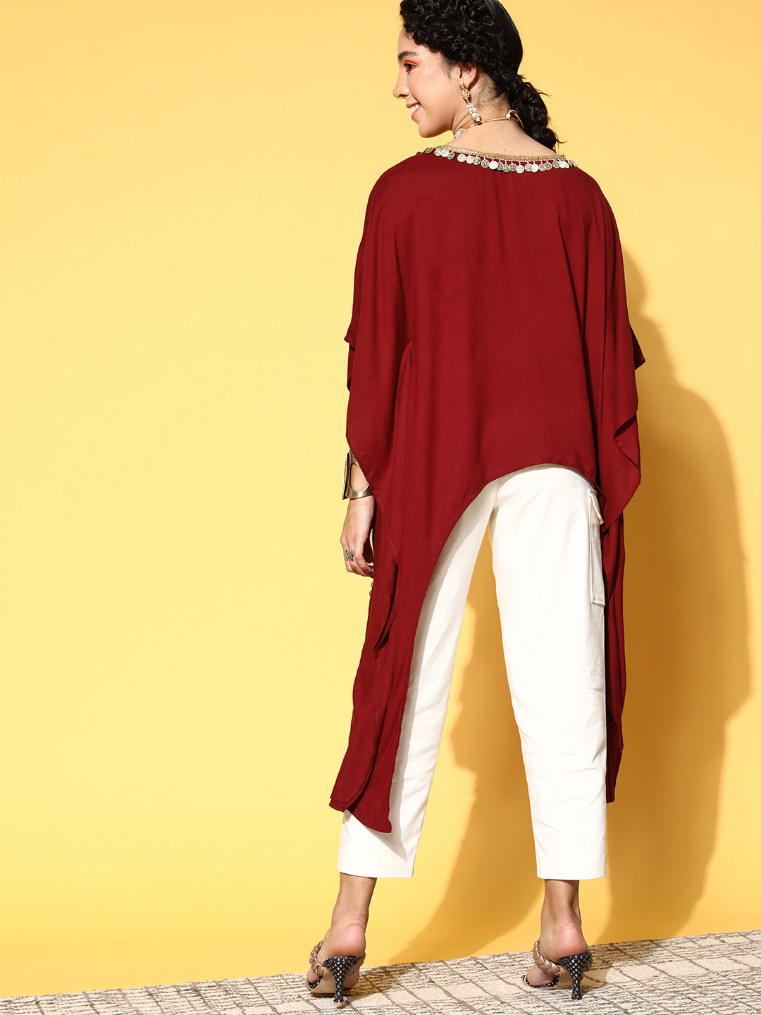 Rang Gali Asymmetric Ethnic Maroon Kaftan Top