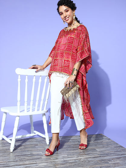 Rang Gali Asymmetric Ethnic Printed Red Kaftan Top