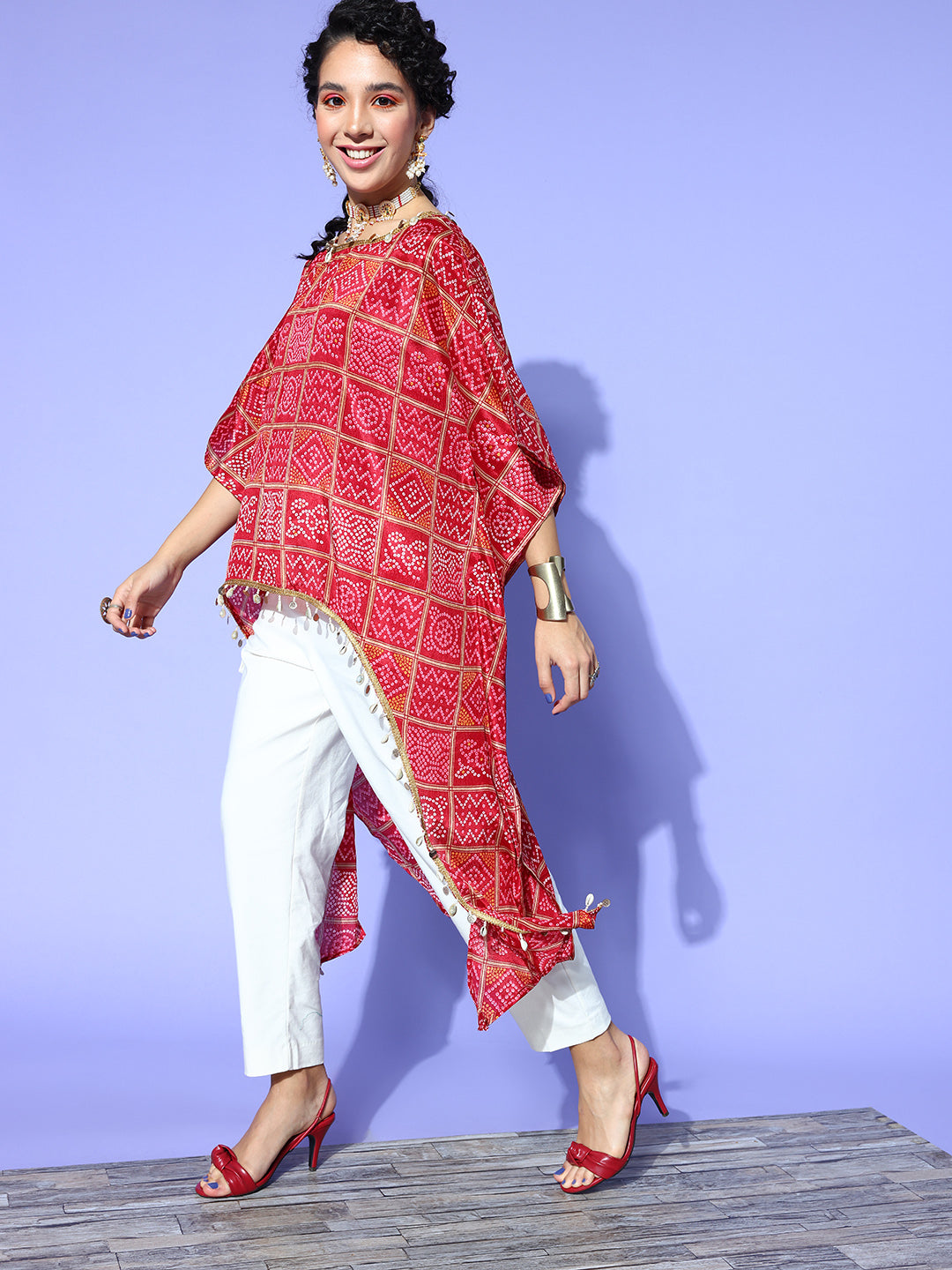 Rang Gali Asymmetric Ethnic Printed Red Kaftan Top