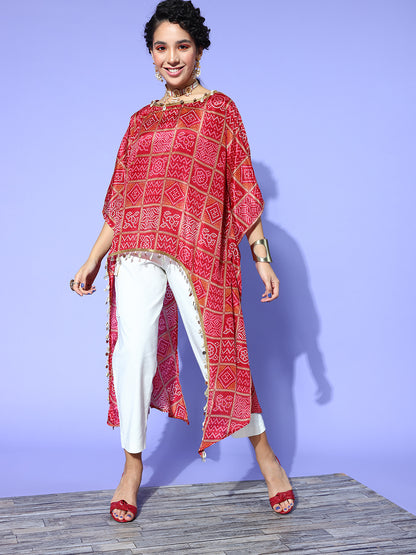 Rang Gali Asymmetric Ethnic Printed Red Kaftan Top