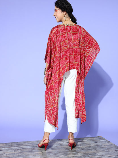 Rang Gali Asymmetric Ethnic Printed Red Kaftan Top