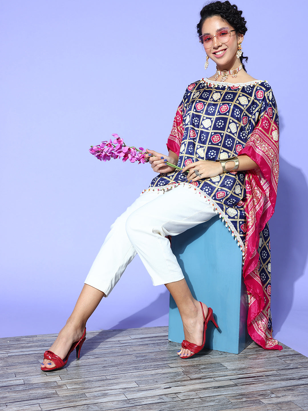 Rang Gali Asymmetric Ethnic Printed Navy Blue Pink Kaftan Top