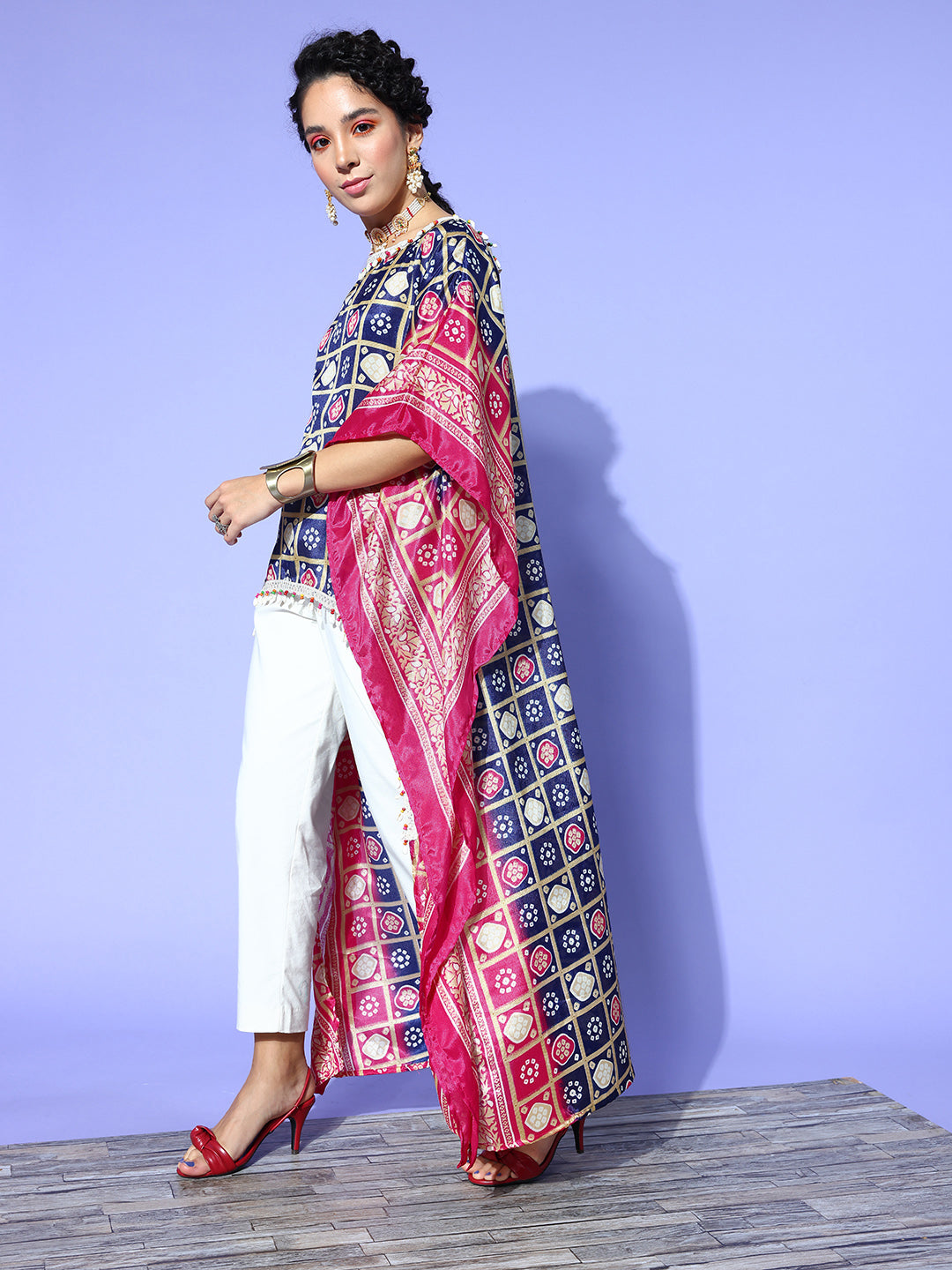 Rang Gali Asymmetric Ethnic Printed Navy Blue Pink Kaftan Top