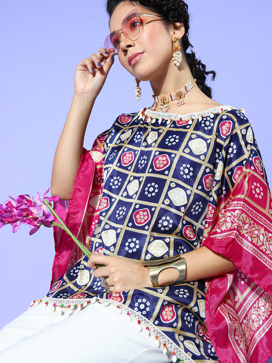 Rang Gali Asymmetric Ethnic Printed Navy Blue Pink Kaftan Top