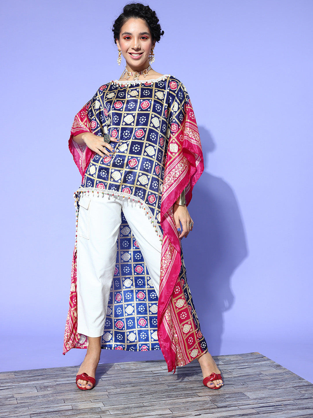 Rang Gali Asymmetric Ethnic Printed Navy Blue Pink Kaftan Top