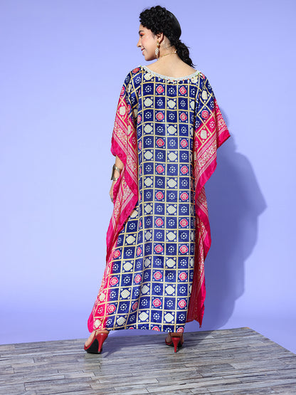 Rang Gali Asymmetric Ethnic Printed Navy Blue Pink Kaftan Top