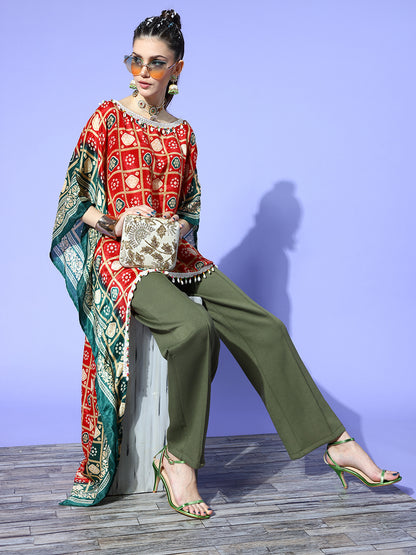 Rang Gali Asymmetric Ethnic Printed Red Green Kaftan Top