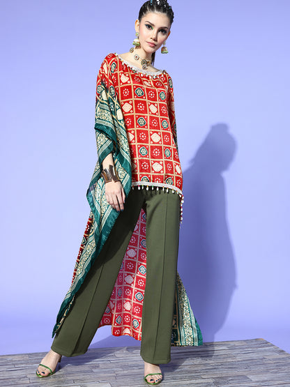 Rang Gali Asymmetric Ethnic Printed Red Green Kaftan Top