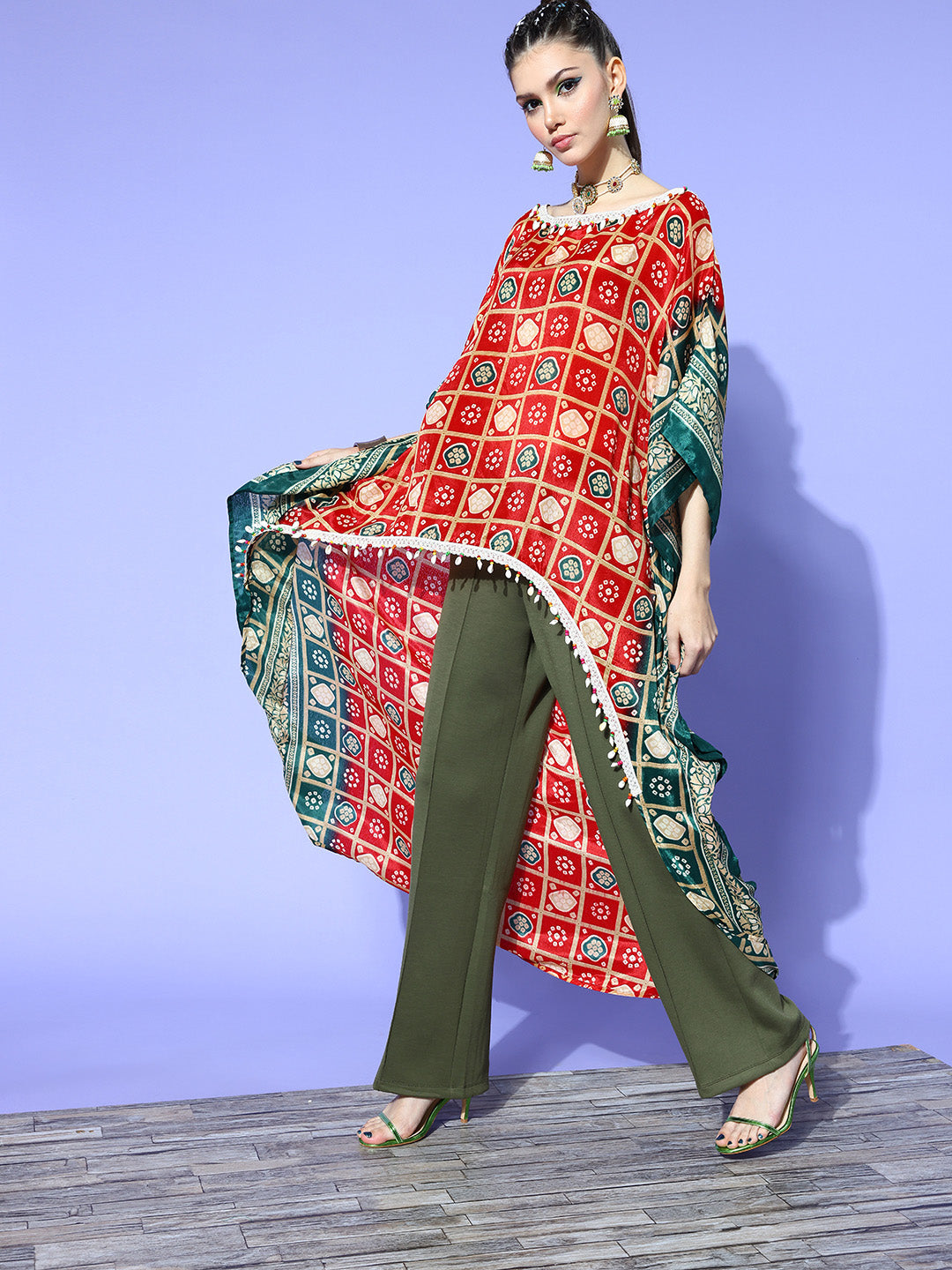 Rang Gali Asymmetric Ethnic Printed Red Green Kaftan Top