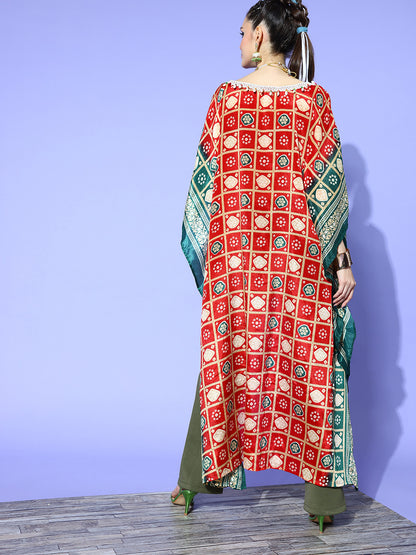 Rang Gali Asymmetric Ethnic Printed Red Green Kaftan Top