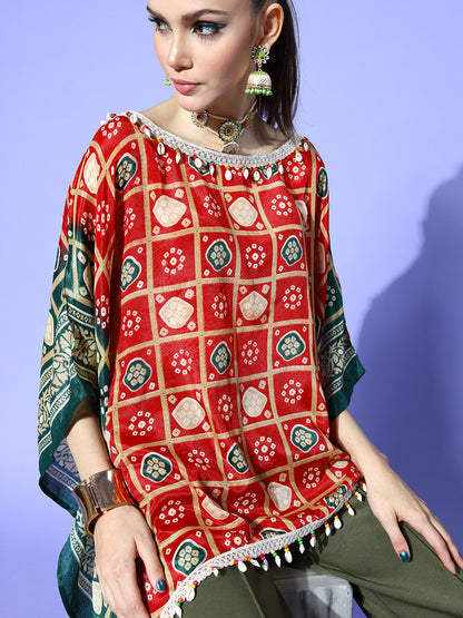 Rang Gali Asymmetric Ethnic Printed Red Green Kaftan Top