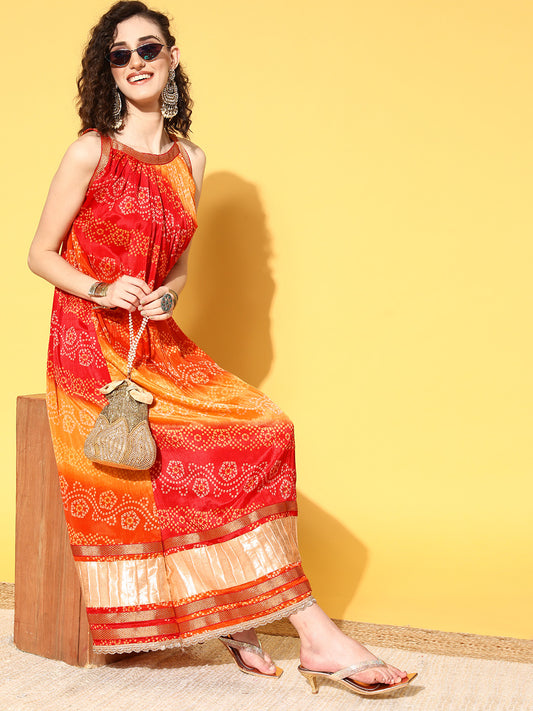 Rang Gali Bandhej Printed Orange Long Dress