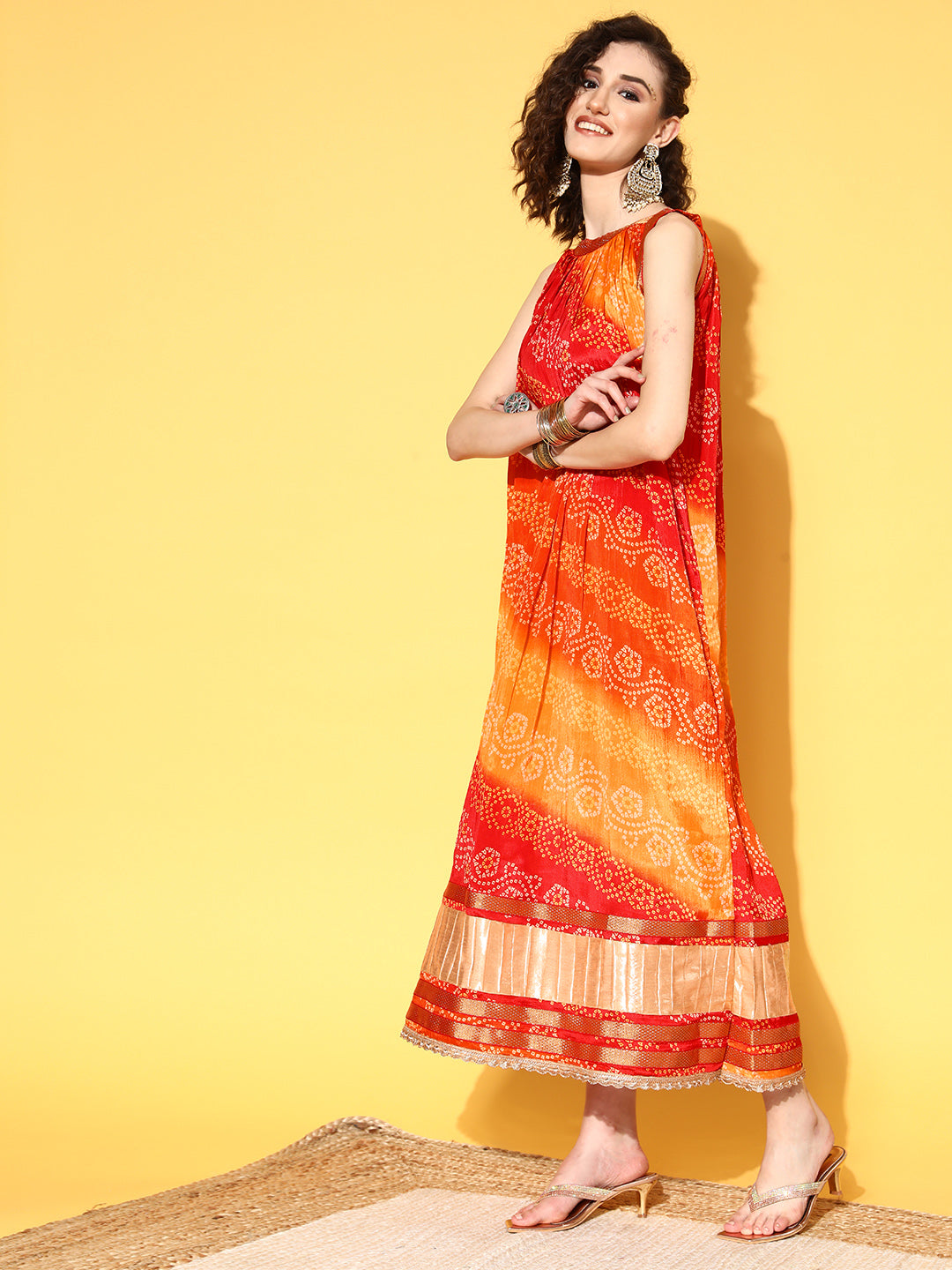 Rang Gali Bandhej Printed Orange Long Dress