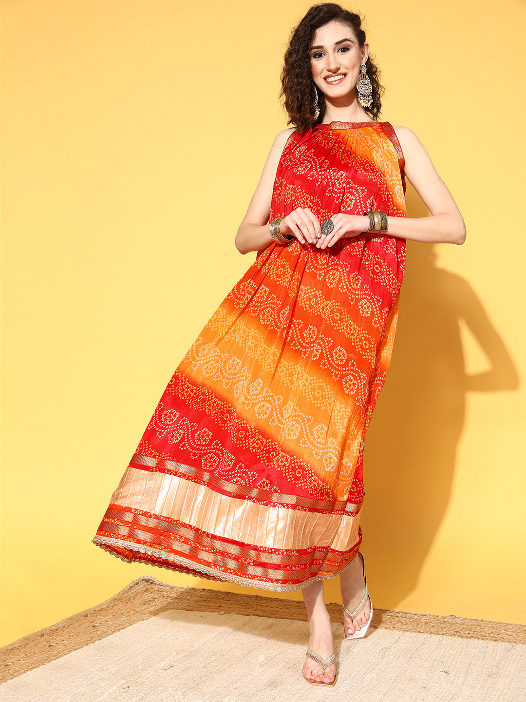 Rang Gali Bandhej Printed Orange Long Dress