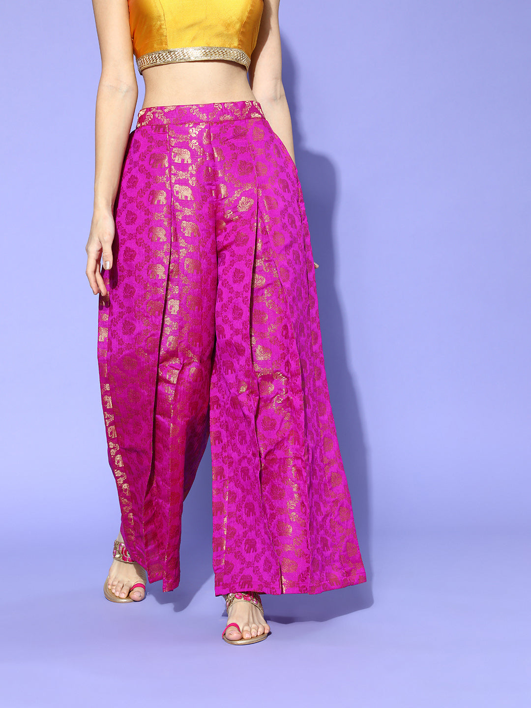 Rang Gali Printed Pink Jacquard Flared Palazzos