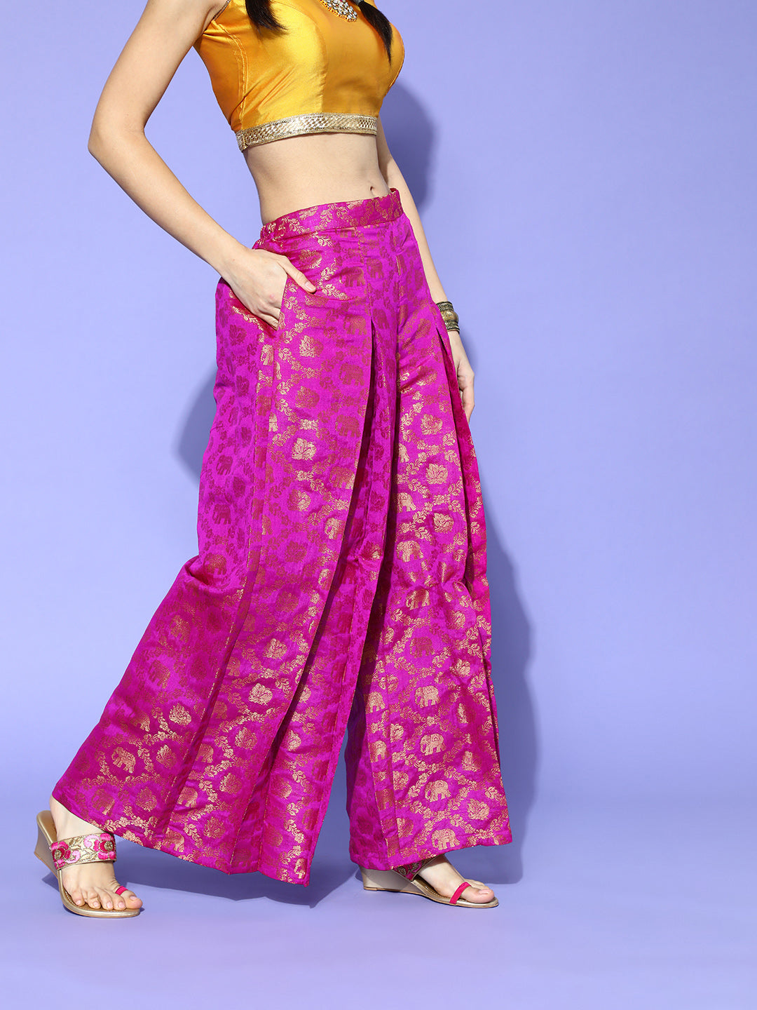 Rang Gali Printed Pink Jacquard Flared Palazzos