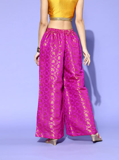 Rang Gali Printed Pink Jacquard Flared Palazzos