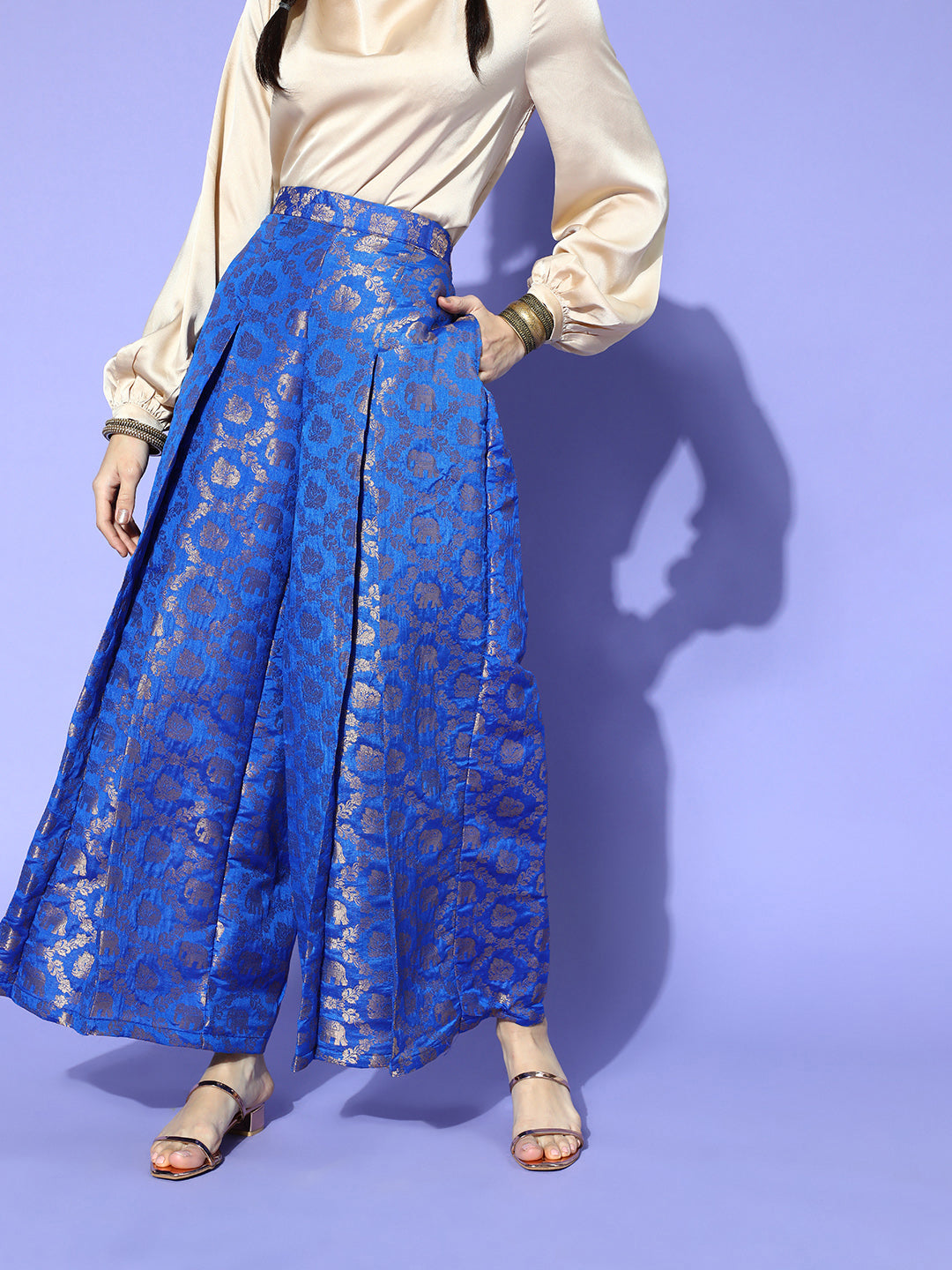 Rang Gali Printed Royal Blue Jacquard Flared Palazzos