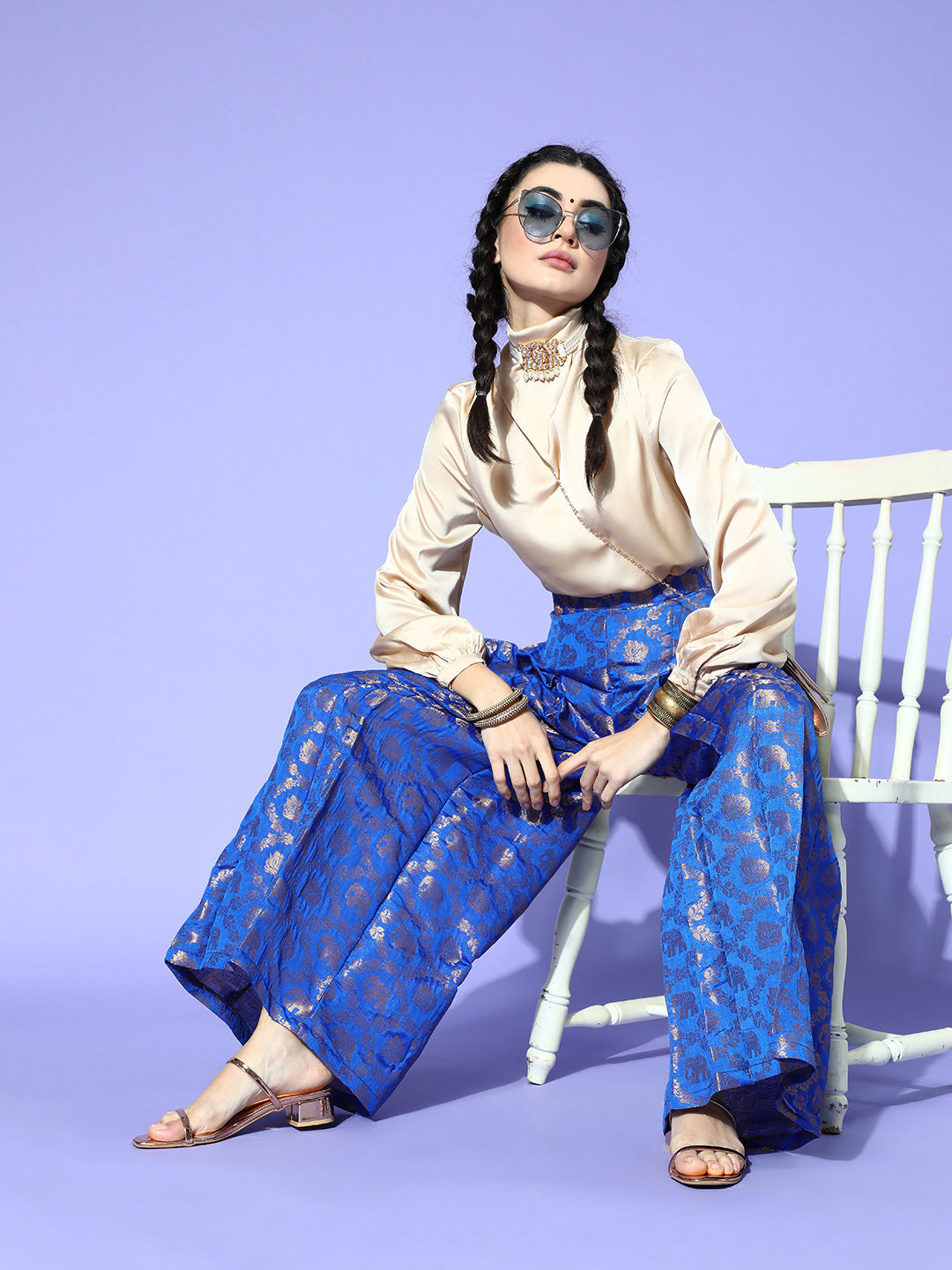 Rang Gali Printed Royal Blue Jacquard Flared Palazzos