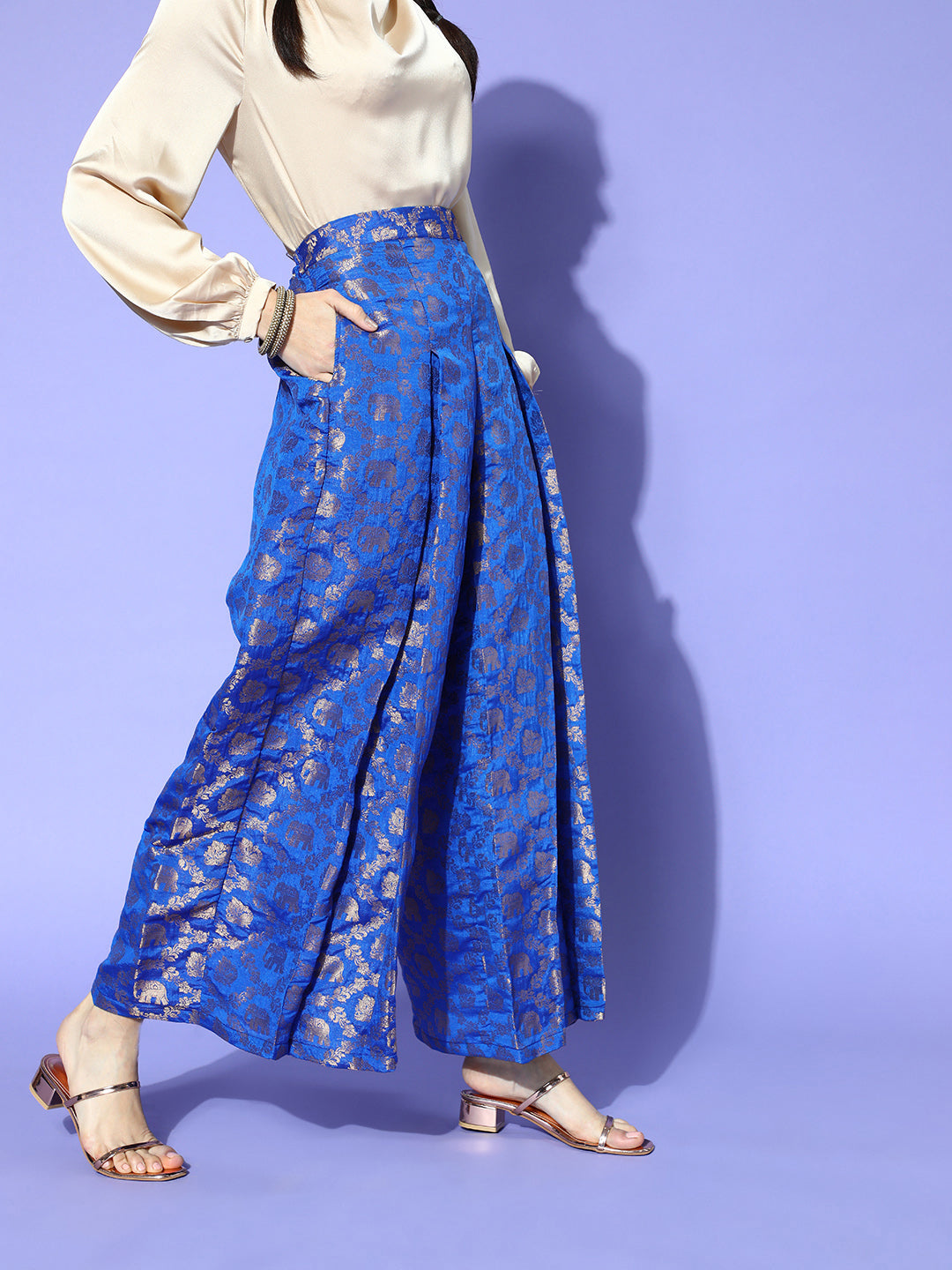 Rang Gali Printed Royal Blue Jacquard Flared Palazzos