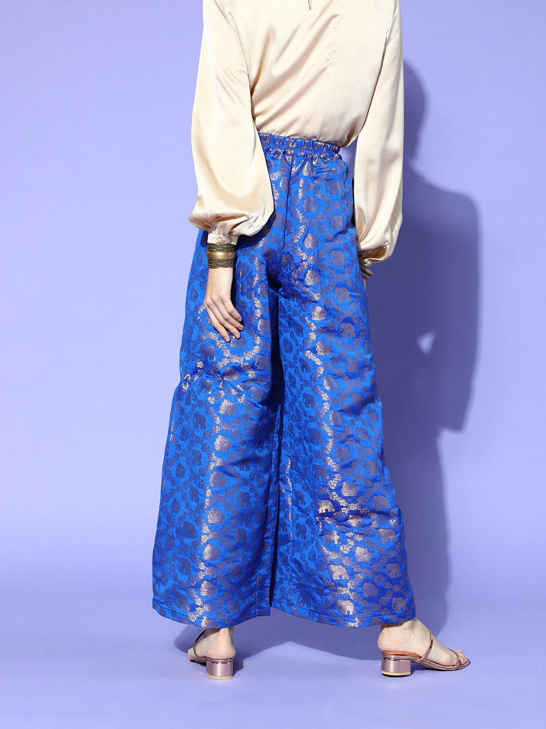 Rang Gali Printed Royal Blue Jacquard Flared Palazzos