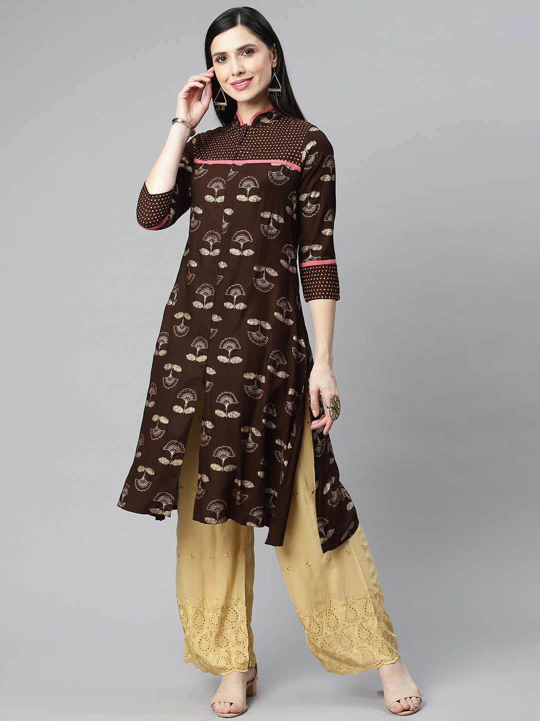 Rang Gali Women's Dark Beige Embroidered Palazzo