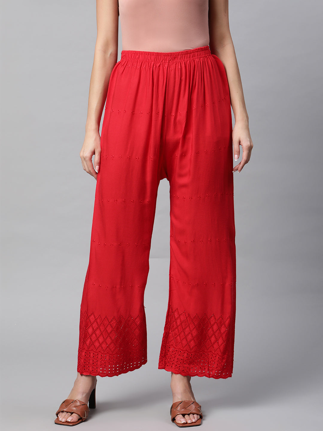 Rang Gali Women's Red Embroidered Palazzo