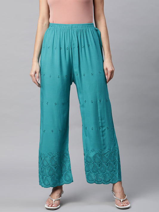 Rang Gali Women's Teal Embroidered Palazzo