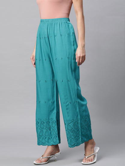 Rang Gali Women's Teal Embroidered Palazzo